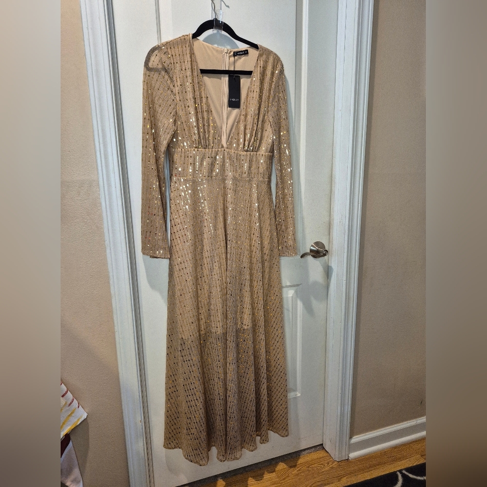 NWT Sheilay Gold Gown Dress with Deep Neckline & Gold Shiny Decoration Size M